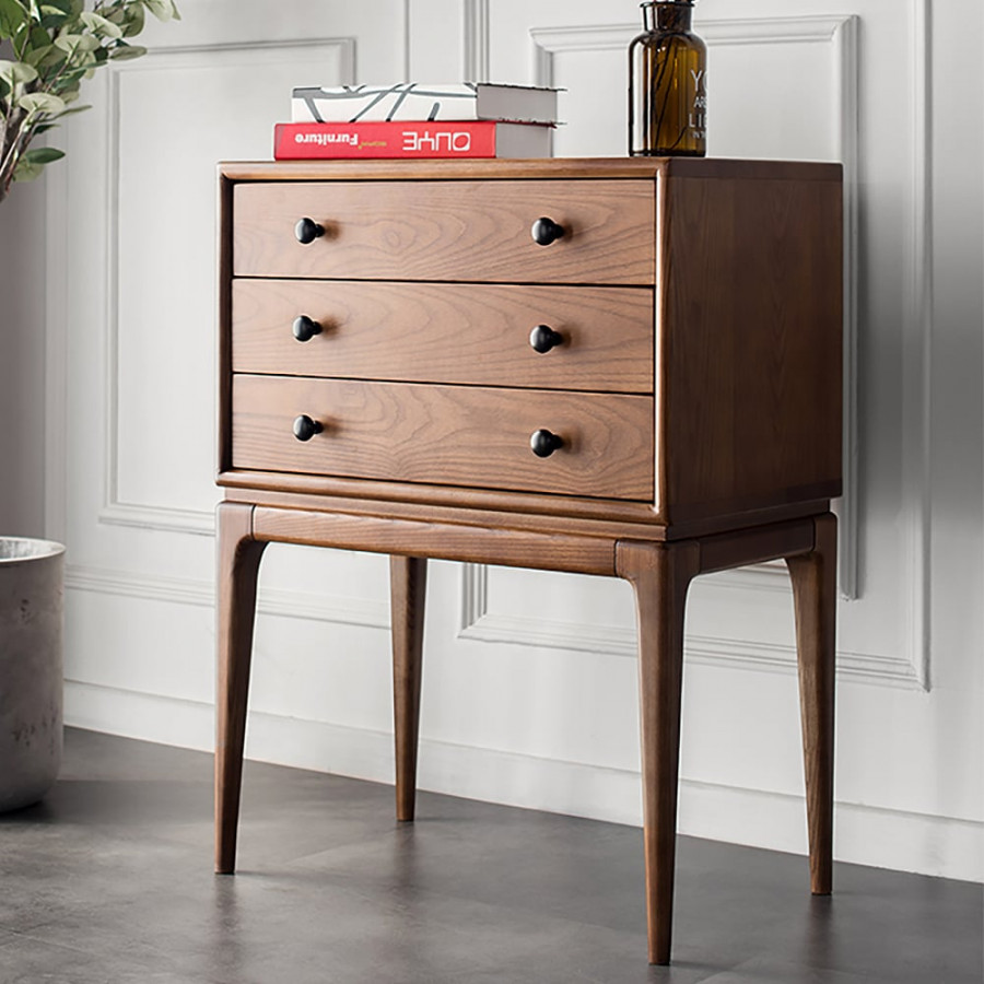 HMR - Tanic Mid Century Modern Chest Cabinet with Storage 3 Drawers of Ash Wood in Walnut