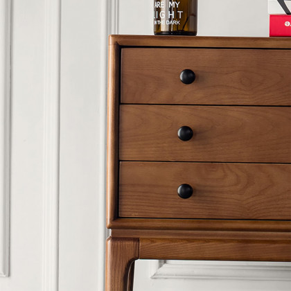 HMR - Tanic Mid Century Modern Chest Cabinet with Storage 3 Drawers of Ash Wood in Walnut