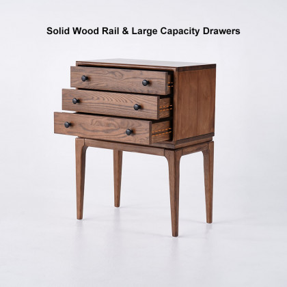 HMR - Tanic Mid Century Modern Chest Cabinet with Storage 3 Drawers of Ash Wood in Walnut