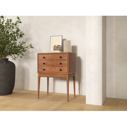 HMR - Tanic Mid Century Modern Chest Cabinet with Storage 3 Drawers of Ash Wood in Walnut