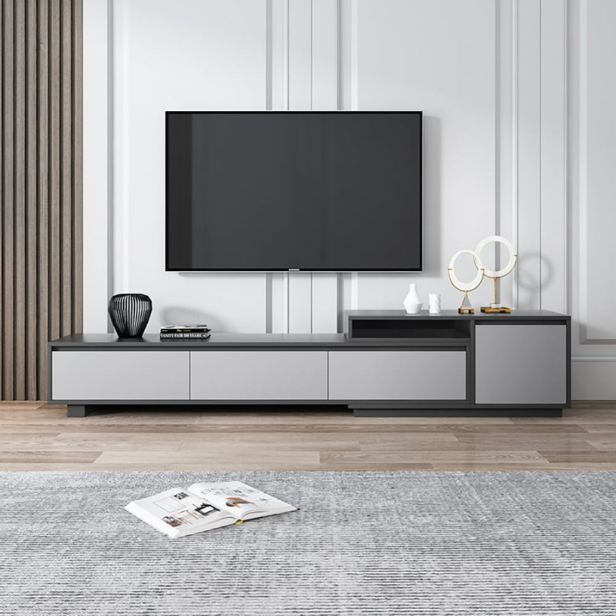 HMR - Modern Black Wood Retracted & Extendable TV Stand with 3-Drawer Up to 120"