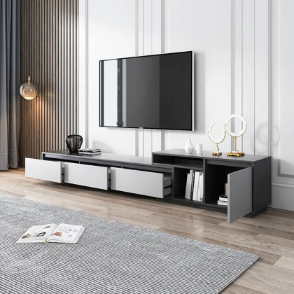 HMR - Modern Black Wood Retracted & Extendable TV Stand with 3-Drawer Up to 120"