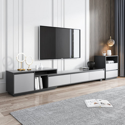 HMR - Modern Black Wood Retracted & Extendable TV Stand with 3-Drawer Up to 120"