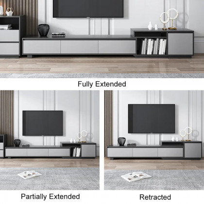 HMR - Modern Black Wood Retracted & Extendable TV Stand with 3-Drawer Up to 120"