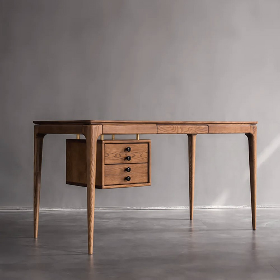 HMR - 55.1" Mid-century Style Walnut Ash Wood Home Office Desk with 3 Drawers