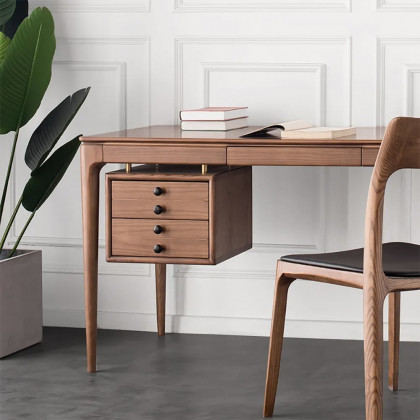 HMR - 55.1" Mid-century Style Walnut Ash Wood Home Office Desk with 3 Drawers
