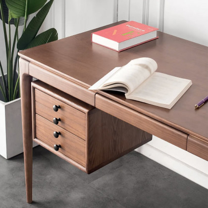 HMR - 55.1" Mid-century Style Walnut Ash Wood Home Office Desk with 3 Drawers