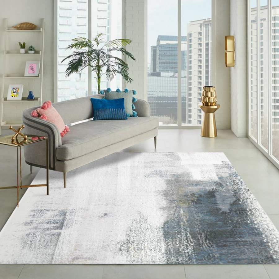 HMR Modern Ink Painting Gray & Ink Blue Rectangle Area Rug - 6' x 9'
