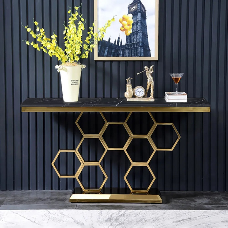 HMR - 59" Modern Rectangle Black Marble Console Table Narrow Entryway Table