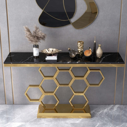 HMR - 59" Modern Rectangle Black Marble Console Table Narrow Entryway Table