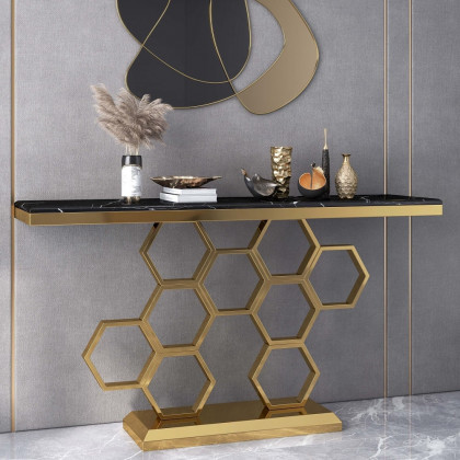 HMR - 59" Modern Rectangle Black Marble Console Table Narrow Entryway Table