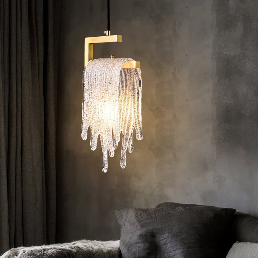 HMR - Modern Gold Pendant Light 1-Light Handmade Glass Waterfall for Bedroom and Living Room
