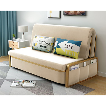 HMR 2-Seater Velvet Convertible Sleeper Sofa - Beige, Queen Size