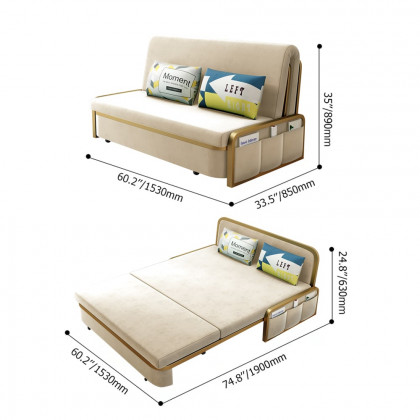 HMR 2-Seater Velvet Convertible Sleeper Sofa - Beige, Queen Size