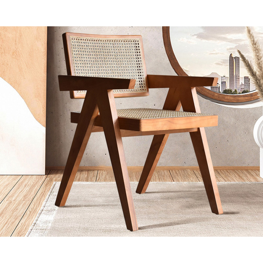 HMR Archic Japandi Bleached Wood Rattan Dining Chair with Solid Wood Frame - Walnut, Without Upholstery, 1-Piece