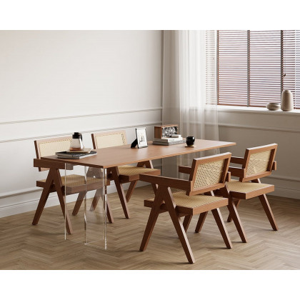 HMR Archic Japandi Bleached Wood Rattan Dining Chair with Solid Wood Frame - Walnut, Without Upholstery, 1-Piece