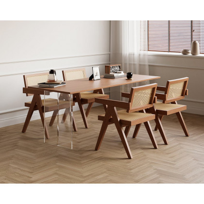 HMR Archic Japandi Bleached Wood Rattan Dining Chair with Solid Wood Frame - Walnut, Without Upholstery, 1-Piece