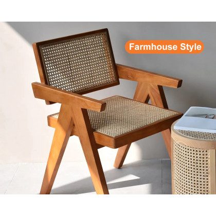 HMR Archic Japandi Bleached Wood Rattan Dining Chair with Solid Wood Frame - Walnut, Without Upholstery, 1-Piece