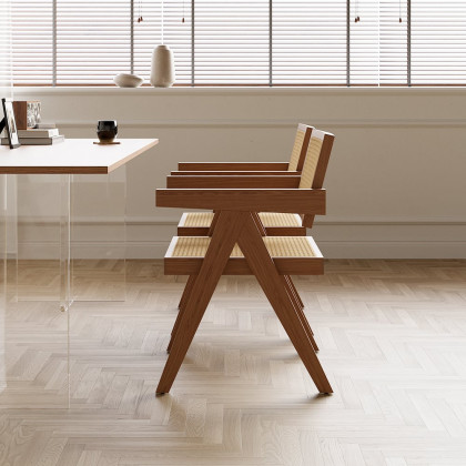 HMR Archic Japandi Bleached Wood Rattan Dining Chair with Solid Wood Frame - Walnut, Without Upholstery, 1-Piece