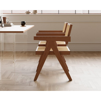 HMR Archic Japandi Bleached Wood Rattan Dining Chair with Solid Wood Frame - Walnut, Without Upholstery, 1-Piece