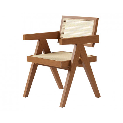HMR Archic Japandi Bleached Wood Rattan Dining Chair with Solid Wood Frame - Walnut, Without Upholstery, 1-Piece