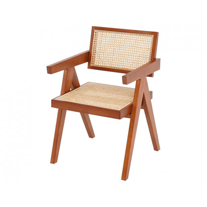 HMR Archic Japandi Bleached Wood Rattan Dining Chair with Solid Wood Frame - Walnut, Without Upholstery, 1-Piece