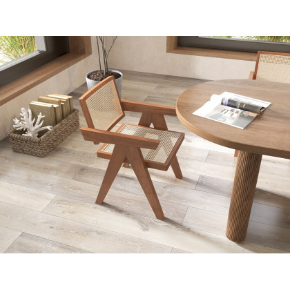 HMR Archic Japandi Bleached Wood Rattan Dining Chair with Solid Wood Frame - Walnut, Without Upholstery, 1-Piece
