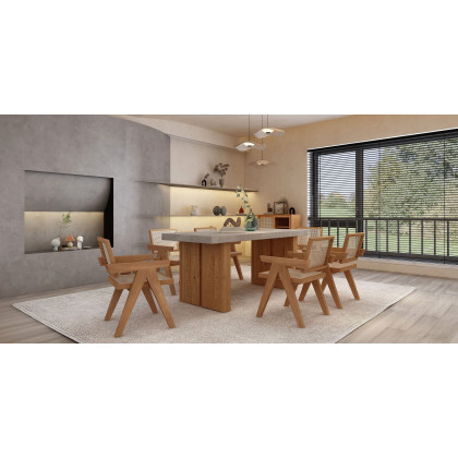 HMR Archic Japandi Bleached Wood Rattan Dining Chair with Solid Wood Frame - Walnut, Without Upholstery, 1-Piece