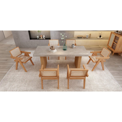 HMR Archic Japandi Bleached Wood Rattan Dining Chair with Solid Wood Frame - Walnut, Without Upholstery, 1-Piece