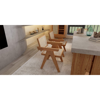HMR Archic Japandi Bleached Wood Rattan Dining Chair with Solid Wood Frame - Walnut, Without Upholstery, 1-Piece