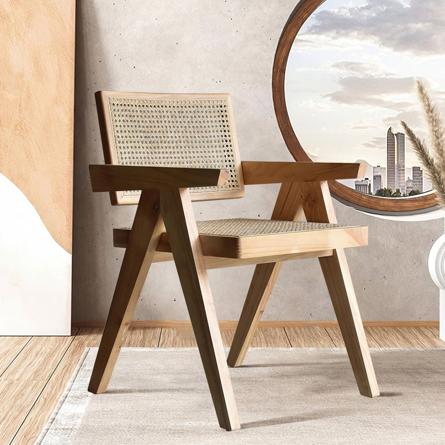 HMR Archic Japandi Bleached Wood Rattan Dining Chair with Solid Wood Frame - Natural, Without Upholstery, 1-Piece