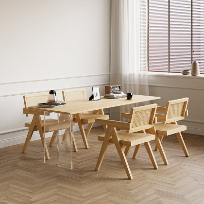 HMR Archic Japandi Bleached Wood Rattan Dining Chair with Solid Wood Frame - Natural, Without Upholstery, 1-Piece