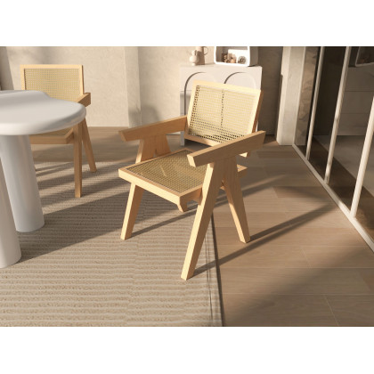 HMR Archic Japandi Bleached Wood Rattan Dining Chair with Solid Wood Frame - Natural, Without Upholstery, 1-Piece