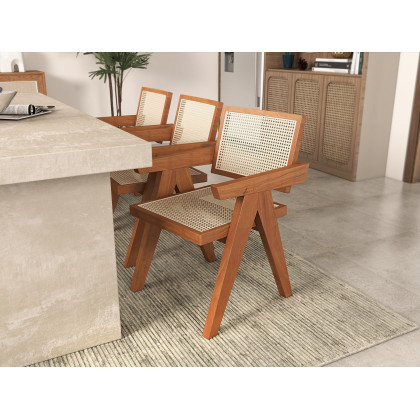 HMR Archic Japandi Bleached Wood Rattan Dining Chair with Solid Wood Frame - Natural, Without Upholstery, 1-Piece