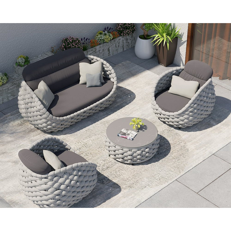HMR Tatta Woven Rope Outdoor Sofa Set with Faux Mable Top Coffee Table & Rotatable Chair - Gray, 4-Person, Fixed Base