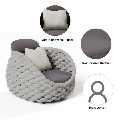 HMR Tatta Woven Rope Outdoor Sofa Set with Faux Mable Top Coffee Table & Rotatable Chair - Gray, 4-Person, Fixed Base