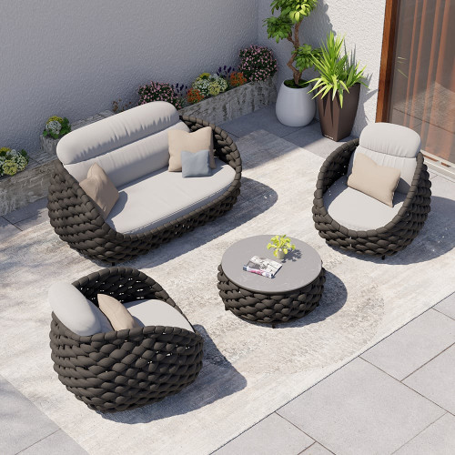 HMR - Tatta Woven Rope Outdoor Sofa Set with Faux Mable Top Coffee Table & Rotatable Chair
