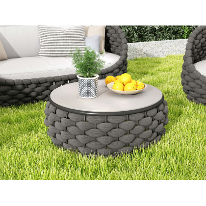 HMR - Tatta Woven Rope Outdoor Sofa Set with Faux Mable Top Coffee Table & Rotatable Chair