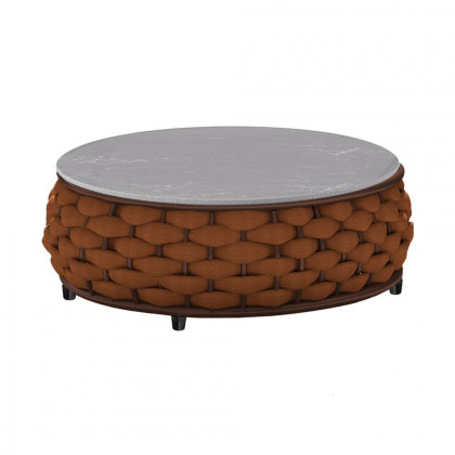 HMR Tatta Woven Rope Outdoor Sofa Set with Faux Mable Top Coffee Table & Rotatable Chair - Brown, 4-Person, Fixed Base