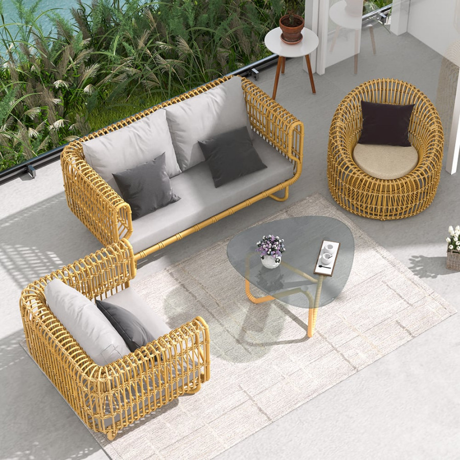 HMR - 4-Pieces Rattan Outdoor Sofa Set with Glass Top Coffee Table and Cushions in Yellow