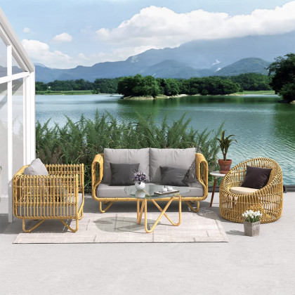 HMR - 4-Pieces Rattan Outdoor Sofa Set with Glass Top Coffee Table and Cushions in Yellow