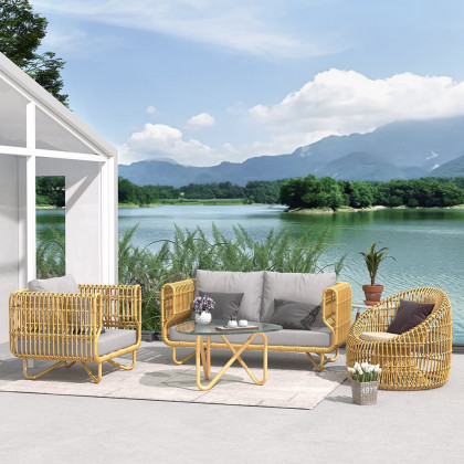 HMR - 4-Pieces Rattan Outdoor Sofa Set with Glass Top Coffee Table and Cushions in Yellow