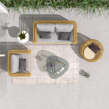 HMR - 4-Pieces Rattan Outdoor Sofa Set with Glass Top Coffee Table and Cushions in Yellow