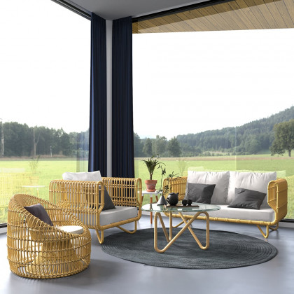 HMR - 4-Pieces Rattan Outdoor Sofa Set with Glass Top Coffee Table and Cushions in Yellow