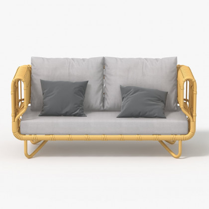 HMR - 4-Pieces Rattan Outdoor Sofa Set with Glass Top Coffee Table and Cushions in Yellow