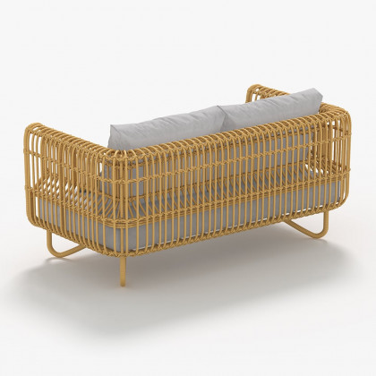 HMR - 4-Pieces Rattan Outdoor Sofa Set with Glass Top Coffee Table and Cushions in Yellow
