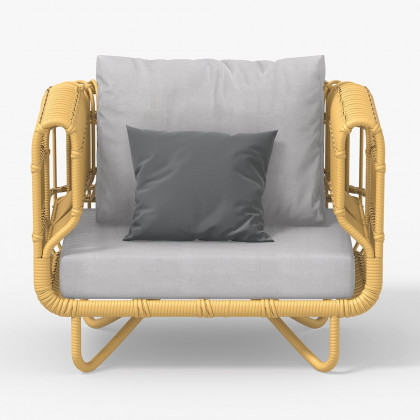 HMR - 4-Pieces Rattan Outdoor Sofa Set with Glass Top Coffee Table and Cushions in Yellow