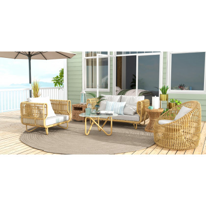 HMR - 4-Pieces Rattan Outdoor Sofa Set with Glass Top Coffee Table and Cushions in Yellow