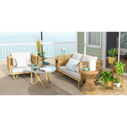 HMR - 4-Pieces Rattan Outdoor Sofa Set with Glass Top Coffee Table and Cushions in Yellow