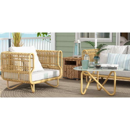 HMR - 4-Pieces Rattan Outdoor Sofa Set with Glass Top Coffee Table and Cushions in Yellow